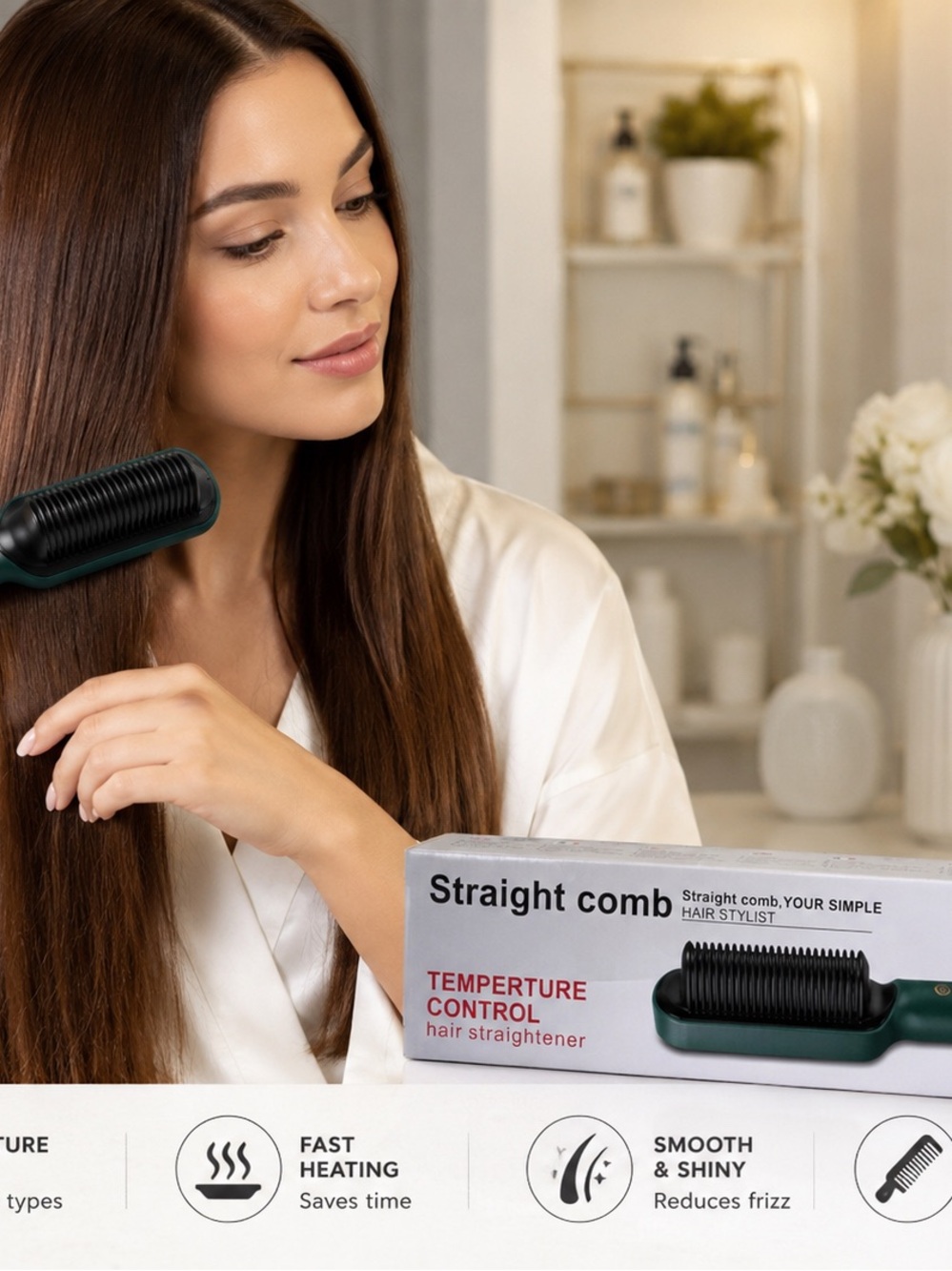 Hair Straightening Brush FH909 Temperature Control Heated Straightener Comb